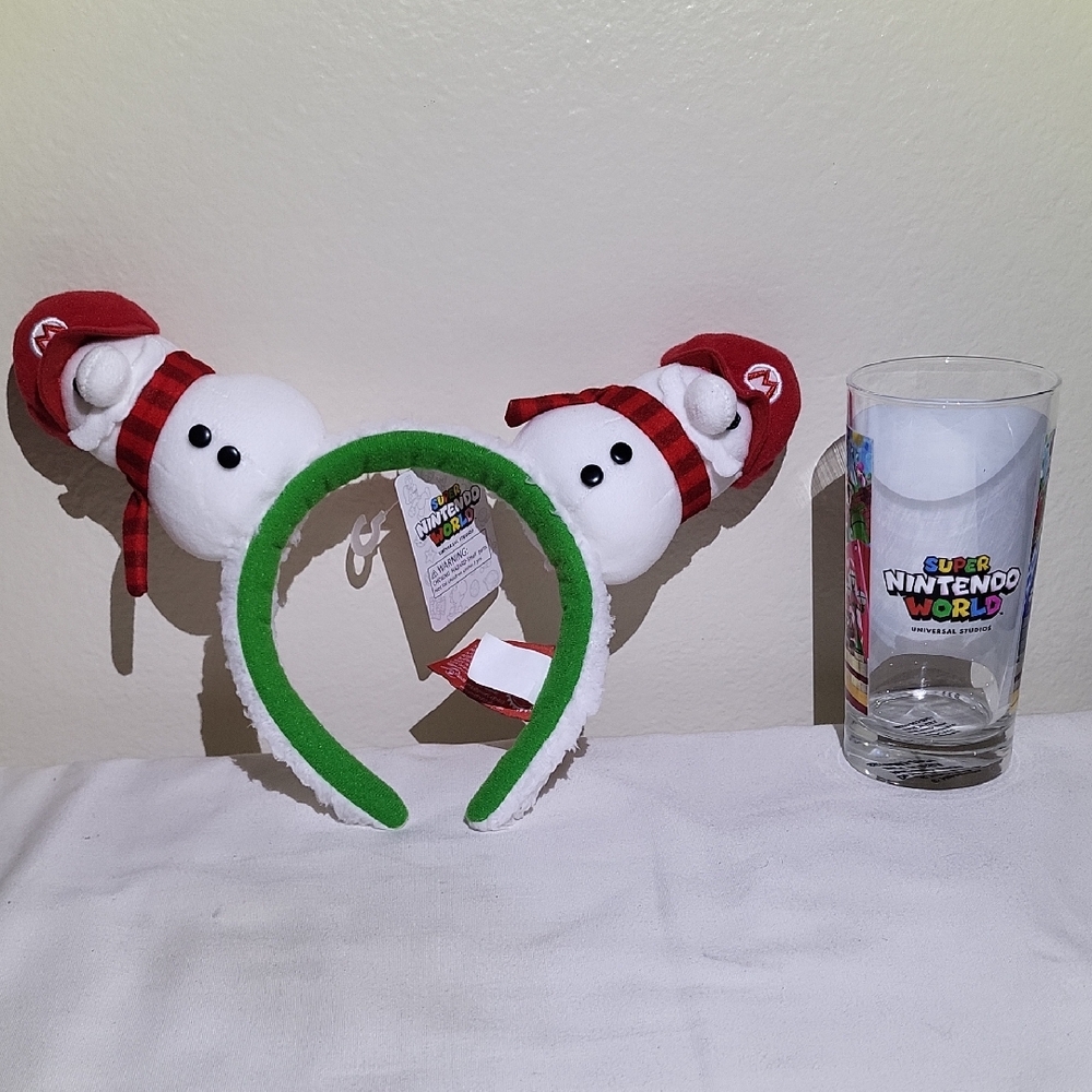 Super Nintendo World Snowman Ear Headband - Green & Red And NINTENDO WORLD GLASS